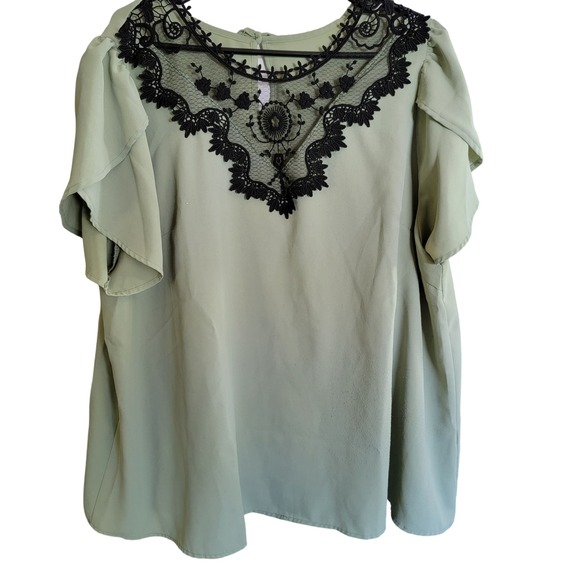 Shein Curve Blouse Top Black Lace Sage Green Ruffle‎ Sleeve Plus Size 4XL - Picture 1 of 6